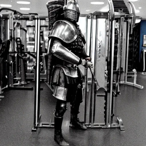 Prompt: photo of viking with armour at the gym cinestill, 8 0 0 t, 3 5 mm, full - hd