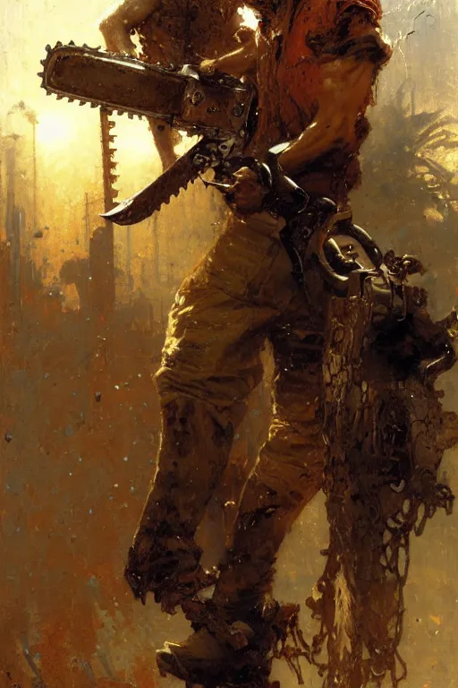 Prompt: man with a chainsaw for a head and chainsaws for arms portrait dnd, painting by gaston bussiere, craig mullins, greg rutkowski, yoji shinkawa