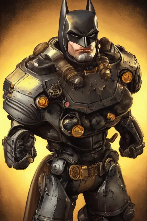 Image similar to batman hardmesh retro futurist steampunk fallout 7 6 power armor, hyper realistic, art cover, official fanart behance hd artstation by jesper ejsing, by rhads, makoto shinkai, radiating a glowing aura global illumination ray tracing hdr