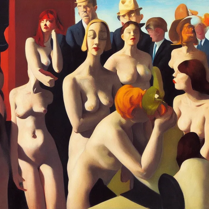 Image similar to group of people pictured in afternoon light, mostly women, close - up of the faces, anatomically and proportionally correct : : surrealist oil painting by edward hopper, malcolm liepke, francis bacon and rene magritte, detailed