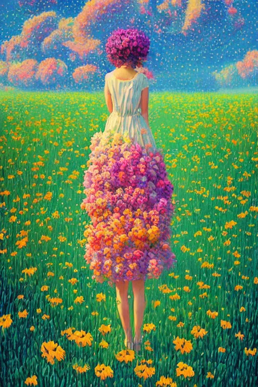 Image similar to girl with flower as a face, flower dress, standing in a flower field, big trees, sunrise dramatic light, impressionist painting, colorful clouds, digital painting, pointillism, artstation, simon stalenhag