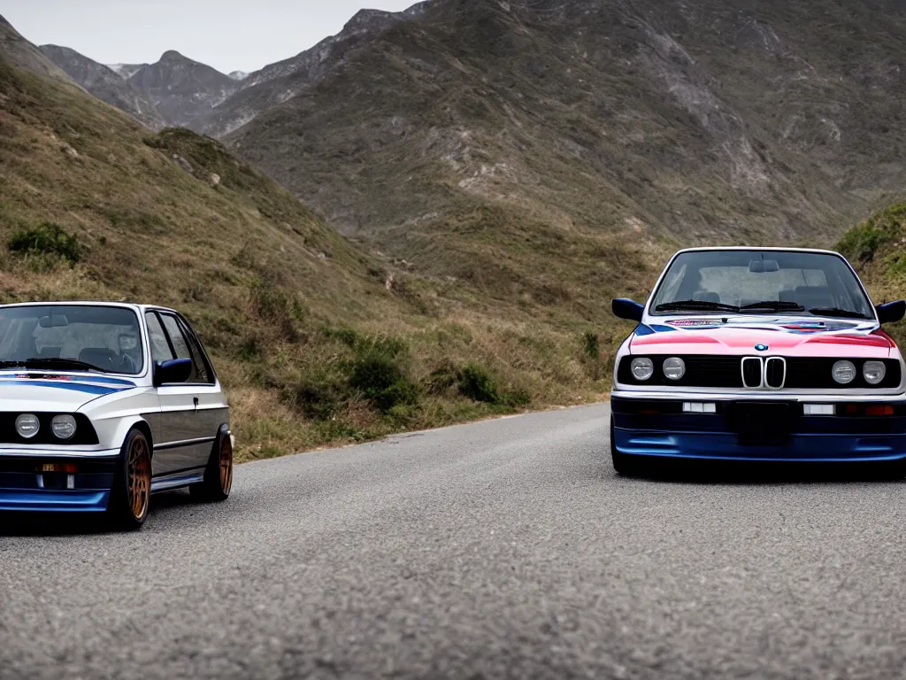 Image similar to a modified bmw e 3 0 with lights on a mountain road, motion blur, 3 5 mm photography, car photography, clean lines, realistic