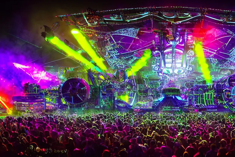 Prompt: an outdoor festival stage with audience, neon letters tripmachine, center of the stage is a big futuristic steampunk machine with gears and belts and tubes, surrounded by big loudspeakers, rock musicians on the stage, laser show, 8 k, fluorescent colors, halluzinogenic, multicolored, exaggerated detailed, unreal engine