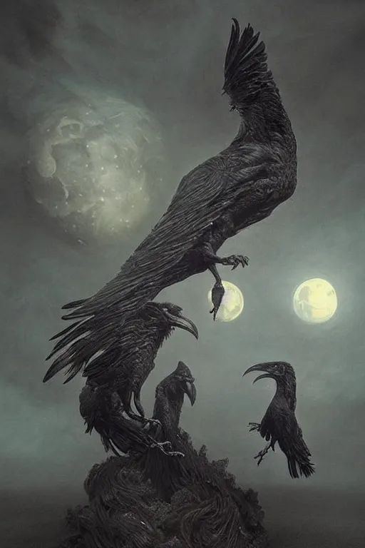 Image similar to Intricate stunning highly detailed surreal ravens by agostino arrivabene and Seb McKinnon, sculpture, ultra realistic, Horror vacui, full moon, thick swirling smoke tornado, fire embers, trending on artstation