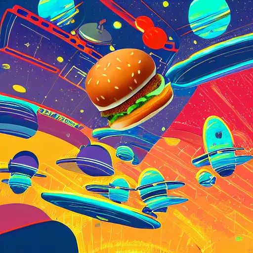 Prompt: a mcdonald's in space, digital art, exquisite detail, vibrant colors, spaceships, hamburgers