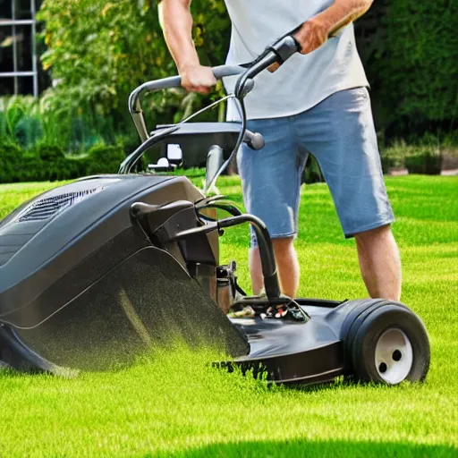 Prompt: a stock photo of a man mowing his lawn, 4 k, detailed face