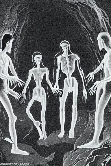 Prompt: A vintage scientific illustration from the 1970s of humans forming caves with their bodies