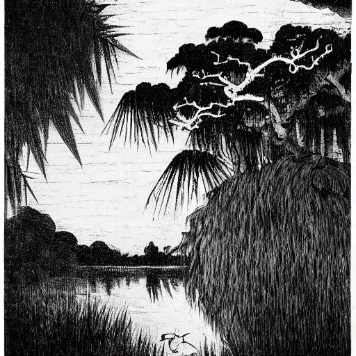 Image similar to photorealistic creepy demonic building disk osprey creek spice bamboo tree , by Katsushika Hokusai and George Inness and Paul Cezanne , 20 megapixels , storybook illustration , charcoal drawing