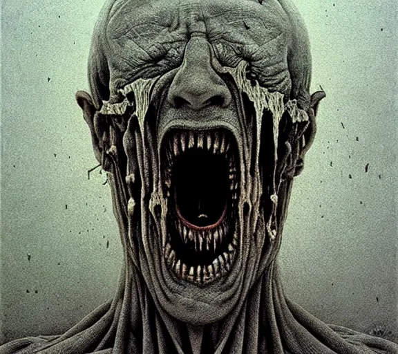 Prompt: face shredded like paper peeling scream, dark, surreal, highly detailed horror dystopian, by zdzisław beksinski, creepy, unsettling