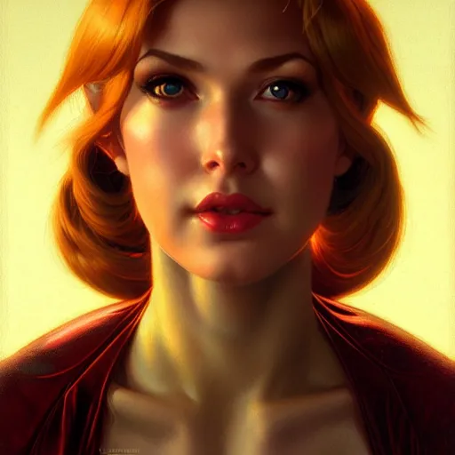 Image similar to head and shoulder portrait of Samus Aran, dark fantasy, medium shot, intricate, elegant, highly detailed, digital painting, volumetric light, artstation, concept art, smooth, sharp focus, illustration, art by Gil Elvgren and Greg Rutkowski and Alphonse Mucha