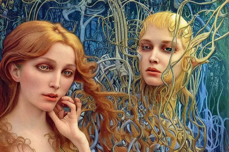 Image similar to realistic detailed portrait painting of a beautiful ghost woman with blond hair with an alien, futuristic sci-fi forest on background by Jean Delville, Amano, Yves Tanguy, Alphonse Mucha, Edward Robert Hughes, Roger Dean, rich moody colours, blue eyes