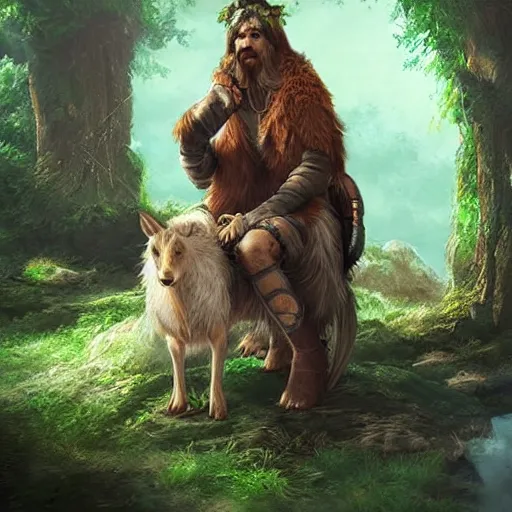 Prompt: portrait of a druid with an animal companion in a natural scene. very detailed. trending on artstation.