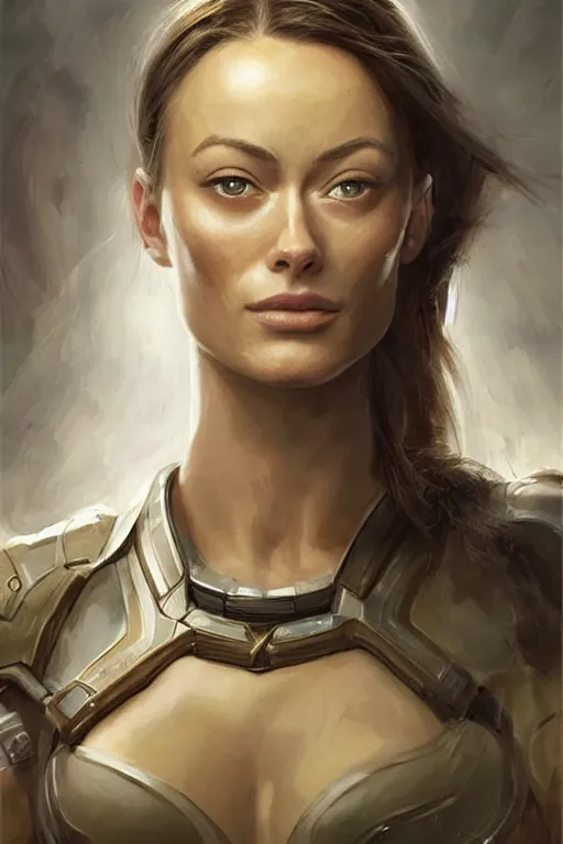 Image similar to a professional painting of a young Olivia Wilde, clothes in military armor, olive skin, long dark hair, beautiful bone structure, symmetrical facial features, intricate, elegant, digital painting, concept art, smooth, sharp focus, illustration, from StarCraft by Ruan Jia and Mandy Jurgens and Artgerm and William-Adolphe Bouguerea