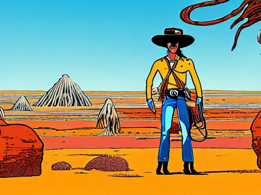 Image similar to a detailed illustration photorealistic of the Lone Ranger in the wild west town. flat colors, limited palette in FANTASTIC PLANET La planète sauvage animation by René Laloux