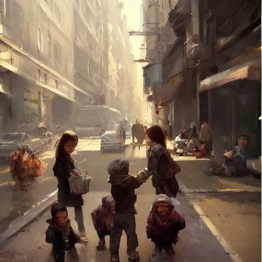 Image similar to oil painting of orphaned children asking for food in the streets of the city, by greg rutkowski, artstation