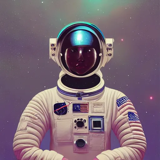 Image similar to portrait of an astronaut girl with helmet and wearing chromatic suit by Petros Afshar and Beeple, highly detailed