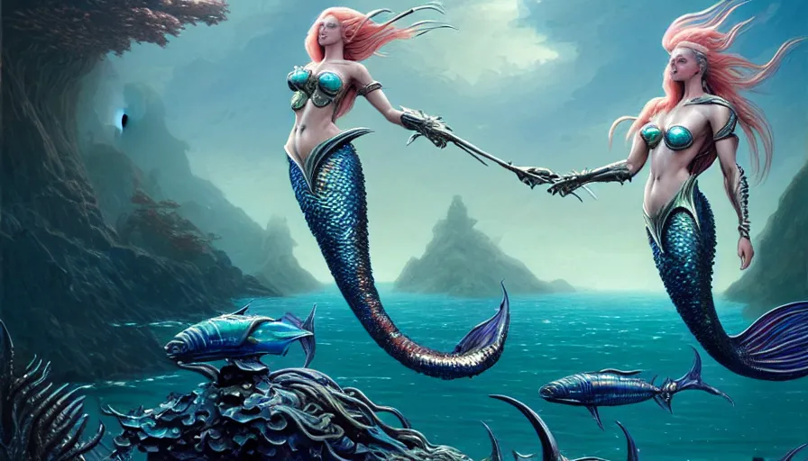 Prompt: a beautiful mermaid wearing metal armor, alien fish attack in the style of roger dean, realistic, sharp focus, 8 k high definition, insanely detailed, intricate, elegant, art by greg rutkowski and artgerm, extreme blur cherry blossoms background