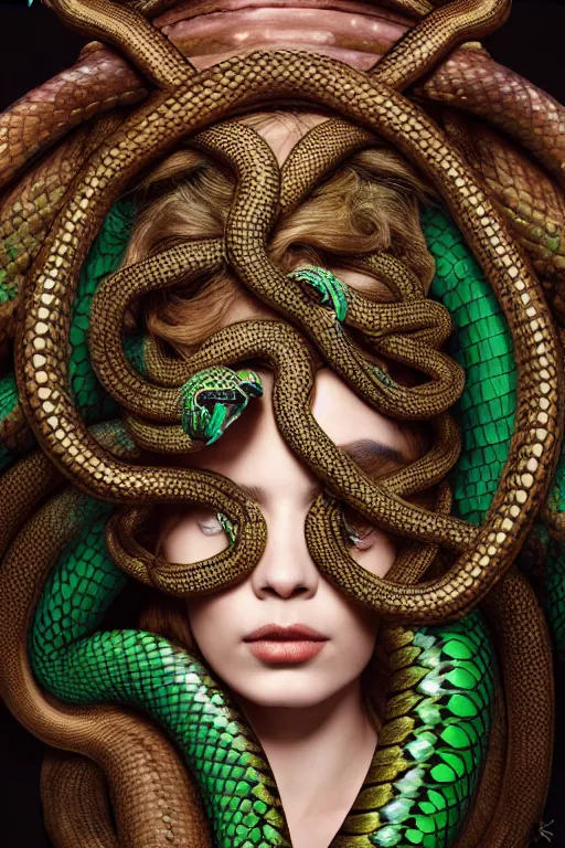 Prompt: a beautiful empress portrait, with a brilliant, impossible striking big Snake headpiece, clothes made of snakes, everything snakes, boa, symmetrical, dramatic studio lighting, rococo, baroque, greens, asian, hyperrealism, closeup, D&D, fantasy, intricate, elegant, highly detailed, digital painting, artstation, octane render, 8k, concept art, matte, sharp focus, illustration, art by Artgerm and Greg Rutkowski and Alphonse Mucha