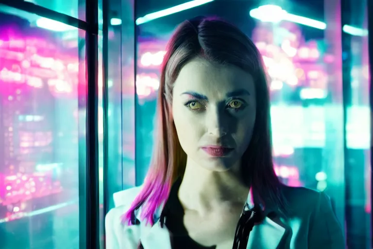 Image similar to cinematography closeup portrait of a gorgeous cyborg business woman in a cyberpunk apartment, neon lighting, night, by Emmanuel Lubezki