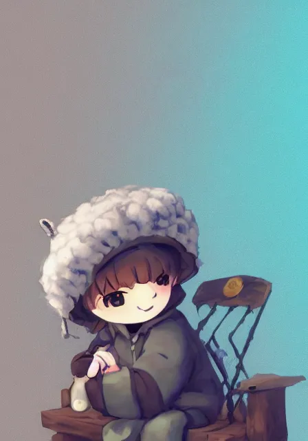 Prompt: beautiful little boy wearing sheep suit using a smartphone while sitting on chair, gray, blue, green and brown pallet color. made in abyss art style, inspired in kris from deltarrune, cute detailed artwork, anatomically correct, soft details, ilya kuvshinov, reflection, mobile wallpaper