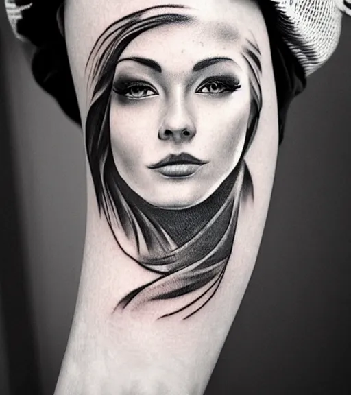 Image similar to tattoo design sketch of a beautiful girl portrait in front of a faded mountain background, in the style of den yakovlev, black and white, realism tattoo, hyper realistic, highly detailed