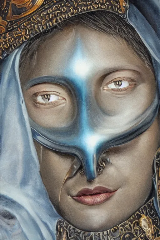 Image similar to hyperrealism oil painting, close - up portrait of face hiding in stingray medieval fashion model, knight, steel gradient mixed with nebula sky, in style of baroque mixed with 7 0 s book art