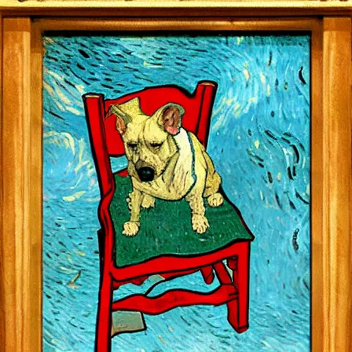 Prompt: A Van Gogh painting of a dog sitting in a chair inside a room that is on fire, this is fine