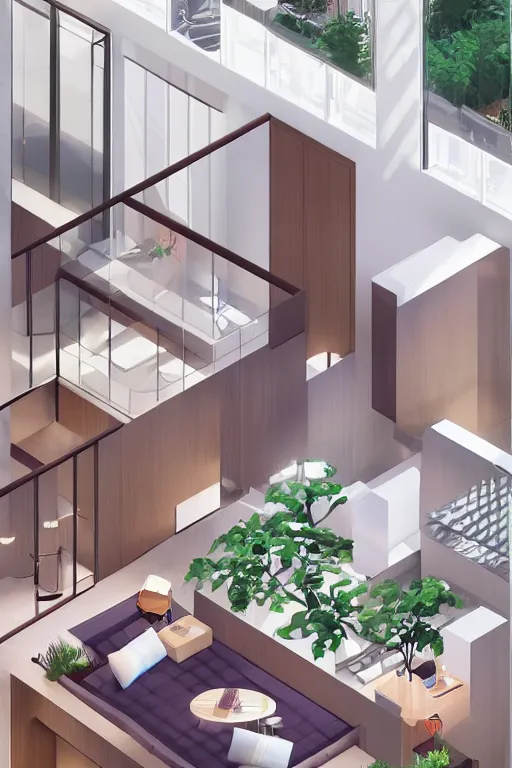 Prompt: isometric interior of luxury condominium with minimalist furniture and lush house plants | modern architecture by makoto shinkai, ilya kuvshinov, lois van baarle, rossdraws and frank lloyd wright