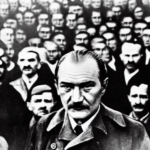 Prompt: close - up portrait of ataturk at the salvation war with many soldiers behind photographed by ara guler