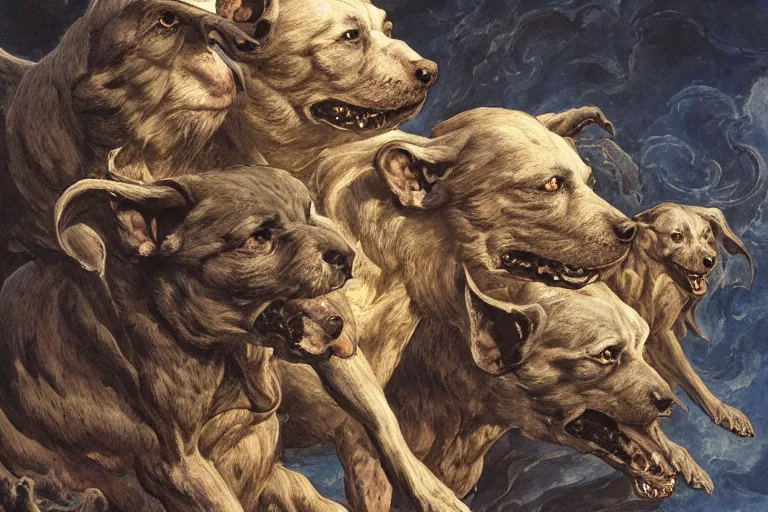 Image similar to hyperdetailed matte art of a three headed dog cerberus by william blake, greg rutkowski, amano, rene magritte, craig mullins, three headed dog cerberus, details