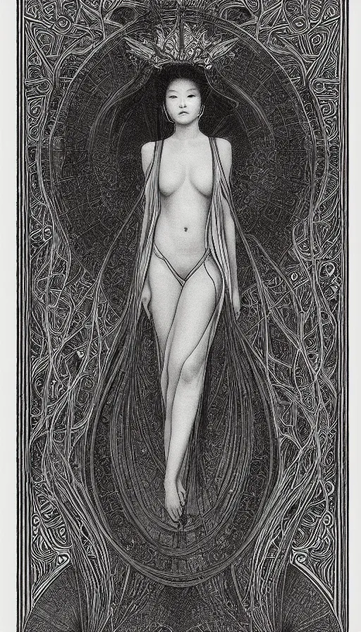 Prompt: yoon young bae as the high priestess, tarot design, by mucha, by agostino arrivabene, black and white graphite drawing, smooth render