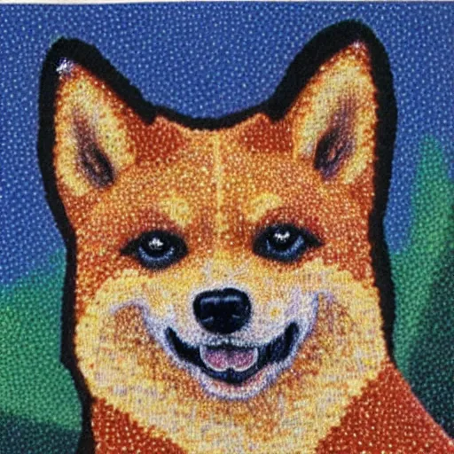 Image similar to pointillism, black and brown Shiba