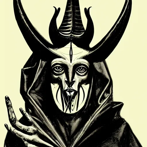 Image similar to graphic illustration, creative design, aleister crowley as baphomet, biopunk, francis bacon, highly detailed, hunter s thompson, concept art