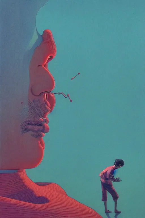 Image similar to man licks a tab of LSD acid on his tongue and experiences psychedelic hallucinations, by kawase hasui, moebius, Edward Hopper and James Gilleard, Zdzislaw Beksinski, Steven Outram colorful flat surreal design, hd, 8k, artstation