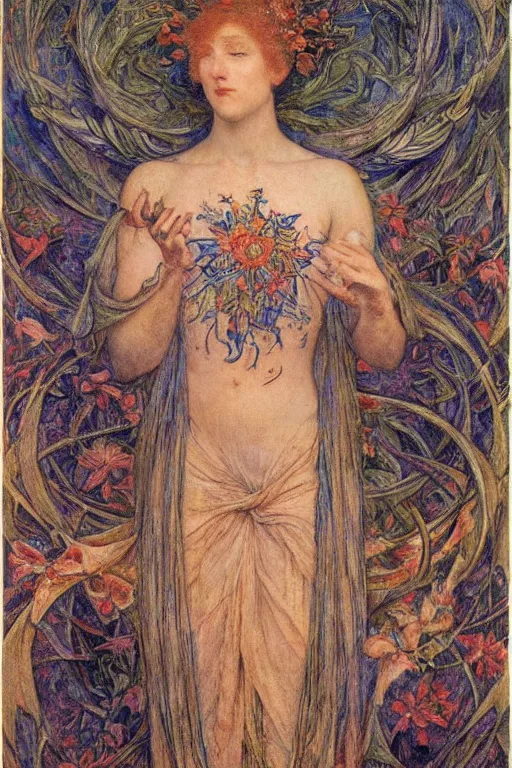 Image similar to coronation of the flower prince, by Annie Swynnerton and jean delville, embroidered brocade, tattoos, elaborate costume, geometric ornament, symbolist, rich colors, dramatic lighting, smooth, sharp focus, extremely detailed