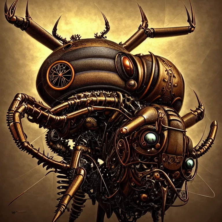 Image similar to steampunk stag beetle, biomechanical, very coherent symmetrical artwork, cinematic, 3 d model, unreal engine realistic render, 8 k, micro detail, intricate, elegant, highly detailed, centered, digital painting, smooth, sharp focus, illustration, artgerm, tomasz alen kopera, by wlop