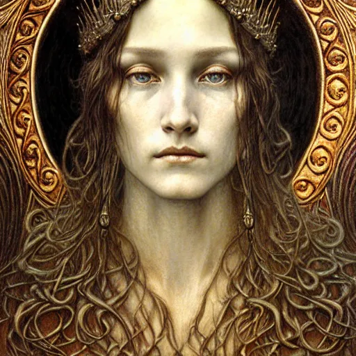 Image similar to detailed realistic beautiful young medieval queen face portrait by jean delville, gustave dore, zdzisław beksinski and marco mazzoni, art nouveau, symbolist, visionary, gothic, pre - raphaelite, memento mori, horizontal symmetry