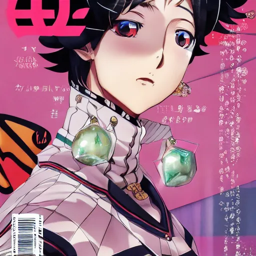 Image similar to Magazine Cover Anime key visual of a Gucci girl; official media; typography; drawn by Hirohiko Araki; Jojo's Bizarre Adventure; Jojolion, portrait, made by Stanley Artgerm Lau, WLOP, Rossdraws, James Jean, Andrei Riabovitchev, Marc Simonetti, Yoshitaka Amano, ArtStation