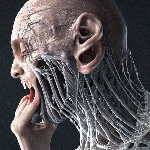 Image similar to female human screaming in pain while her skin crackles, arteries and bones and veins and nerves and muscles visible, beautiful detailed intricate insanely detailed octane render, 8K artistic photography, photorealistic, chiaroscuro, by David Cronenberg, Raphael, Caravaggio