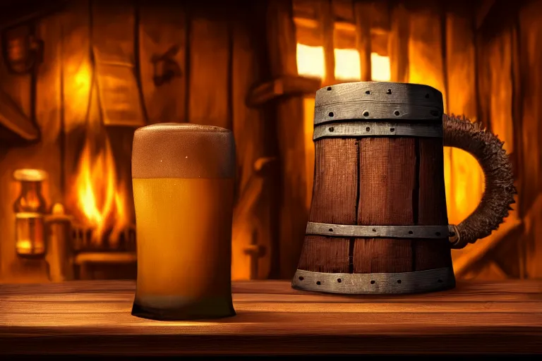 Image similar to closeup of a wooden tankard of ale in a medieval cozy tavern, digital painting, artstation, concept art, smooth, sharp focus, illustration