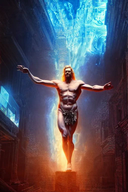 Image similar to hyperrealistic mixed media painting of zeus, full body, stunning 3 d render inspired art by p. craig russell and barry windsor - smith dim volumetric lighting, 8 k octane beautifully detailed render, post - processing, intricate, epic composition, grim yet sparkling atmosphere, cinematic lighting