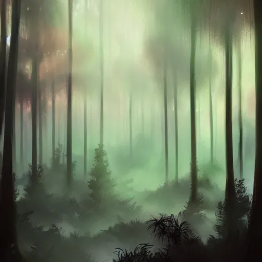 Prompt: A ethereal forest at night, magical and surreal, light and shadows create a dream-like atmosphere, soft and dreamy lighting, digital painting, concept art, artstation trending, beautiful, by Tracie Ching