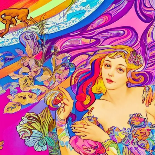 Image similar to how to get high, painted by lisa frank and alfons mucha