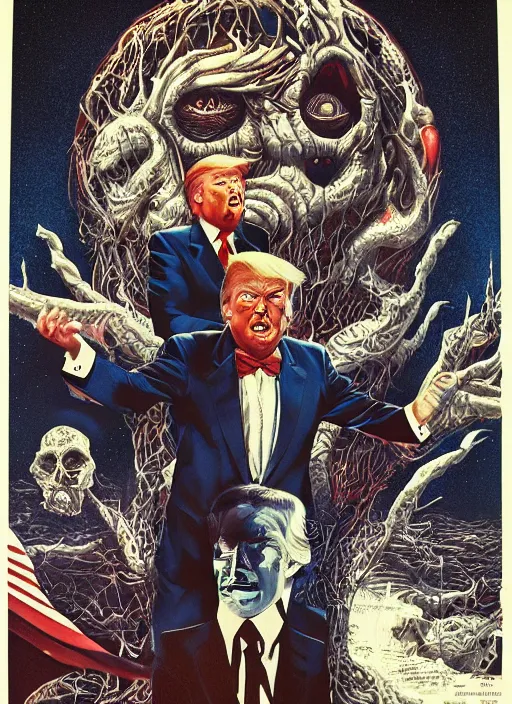 Image similar to donald trump's true disgustuing nature, horror, high details, intricate details, by vincent di fate, artgerm julie bell beeple, 1 9 8 0 s, inking, vintage 8 0 s print, screen print