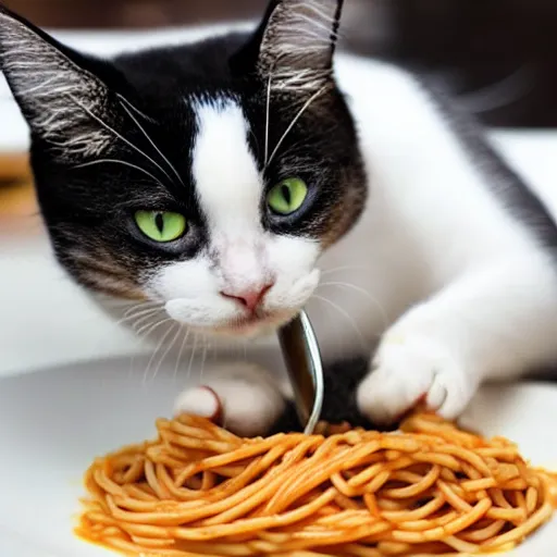 Image similar to cat eating spaghetti with a spoon