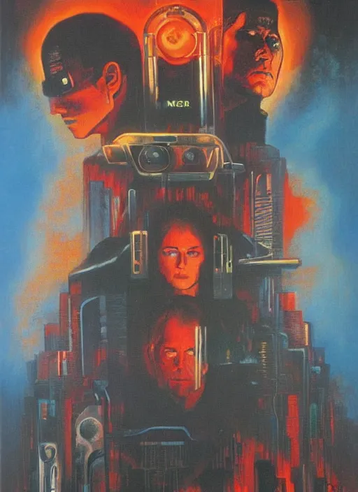 Image similar to 1 9 8 3 movie poster for neuromancer. oil on canvas by john alvin, drew strusan.