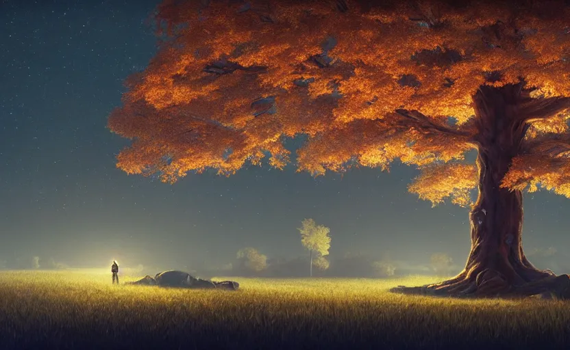 Image similar to A landscape with a giant oak tree in the fall midnight, Low level, rendered by Beeple, Makoto Shinkai, syd meade, simon stålenhag, environment concept, synthwave style, digital art, unreal engine, WLOP, trending on artstation, 4K UHD image, octane render,