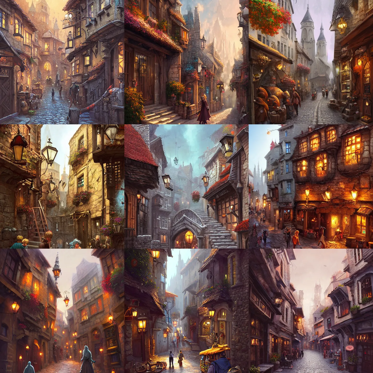 Prompt: a busy fantasy street within a fascinating old city, quirky shops, narrow streets, old buildings, cobblestone road, stone steps, street life, by Sylvain Sarrailh, cinematic, stunning composition, beautiful digital painting, oil painting, detailed, dungeons and dragons, lord of the rings