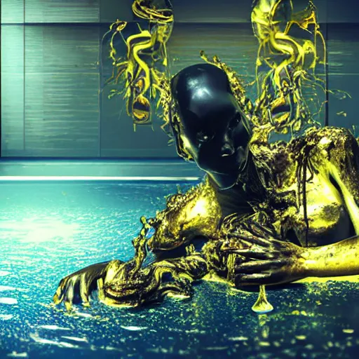 Image similar to realistic coubert dark hi-tech sci-fi lab at night, realistic full body oil painting of hideous and sick shiny black onyx skin human exposed guts crawling in two legs and dripping golden metalic fluid from intestine into a pool of golden liquid on the floor. Smokey atmosphere