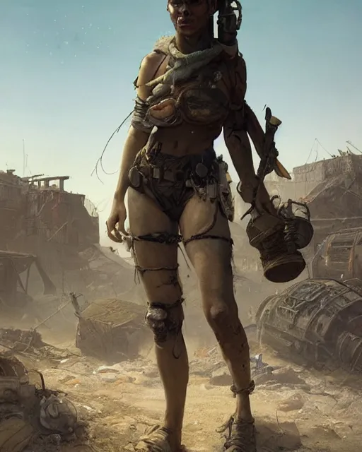 Image similar to hyper realistic photo of solarpunk postapocalyptic nomad tribal girl, full body, cinematic, artstation, cgsociety, greg rutkowski, james gurney, mignola, craig mullins, brom